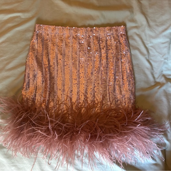 AKIRA Pink Sequin Mini Skirt with Feather Hem - Picture 3 of 5